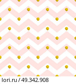 Vector chevron seamless pattern. Pink lines and golden circles on a white background. Стоковая иллюстрация, агентство Ingram Publishing / Фотобанк Лори