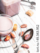 Cup of cappuccino coffee. Cup of cocoa drink and cocoa beans. Стоковое фото, агентство Ingram Publishing / Фотобанк Лори