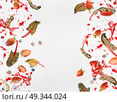 Frame of various flying or falling berries with red chard leaves and splash of juice  on white background. Стоковое фото, агентство Ingram Publishing / Фотобанк Лори