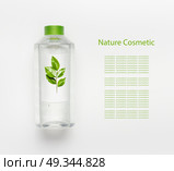 Nature herbal cosmetic concept. Transparent liquid bottle of toner, micellar water or cleansing product with green leaves and branding mock up on white desk background , top view. Стоковое фото, агентство Ingram Publishing / Фотобанк Лори