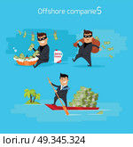 Set of Offshore Companies Concepts Illustration. Offshore companies concept vector. Flat design. Financial crime, tax evasion, money laundering, political corruption illustration. Man in a business suit, in mask launderers, hides and takes money. Стоковая иллюстрация, агентство Ingram Publishing / Фотобанк Лори