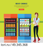 Woman in Supermarket. Best choice concept. Smiling woman with in supermarket near showcases refrigerators for cooling drinks in bottles. Woman shopping, supermarket shopping, market shop interior. Website template. Стоковая иллюстрация, агентство Ingram Publishing / Фотобанк Лори