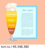 Beer Types Poster Depicting Footed Pilsner Glass. Beer types poster with pink background. Vector illustration of frothy footed pilsner glass containing layers of various lager and ale styles. Стоковая иллюстрация, агентство Ingram Publishing / Фотобанк Лори