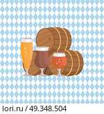 Three Beer Barrels Degustation Vector Illustation. Vector illustration of three beer barrels and glasses of alcohol drinks different types for degustation at october festival on checkered background. Стоковая иллюстрация, агентство Ingram Publishing / Фотобанк Лори
