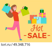 Hot Sale Woman Raising Hands Vector Illustration. Hot sale, picture representing lone woman with raised hands with packets in them beside gifts vector illustration isolated on yellow. Стоковая иллюстрация, агентство Ingram Publishing / Фотобанк Лори