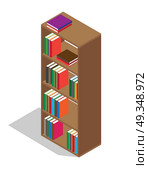 Wooden Bookcase Full of Textbooks Illustration. Tall wooden bookcase full of educational textbooks in colorful hardcovers isolated cartoon vector illustration on white background. Стоковая иллюстрация, агентство Ingram Publishing / Фотобанк Лори