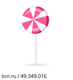 Swirl Spiral Lollipop Candy Isolated Sweet Vector. Swirl lollipop round candy isolated on white background. Sweet pink sugar dessert on stick, lolly bonbon icon vector illustration. Colorful caramel in flat style design. Confectionery striped treat. Стоковая иллюстрация, агентство Ingram Publishing / Фотобанк Лори