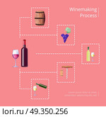 Winemaking Process Vector Illustration on Red. Winemaking process text and icons of barrel and grapes, bottle and corkscrew, pouring drink in glass, connected by lines vector illustration. Стоковая иллюстрация, агентство Ingram Publishing / Фотобанк Лори