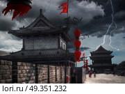Heavy thunderstorm with lightning. Xian city wall. . Heavy thunderstorm with lightning. . Стоковое фото, агентство Ingram Publishing / Фотобанк Лори