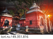 Freely walk monkey. Votive temples and shrines in a row at Pashupatinath Temple, Kathmandu, Nepal.. Pashupatinath Temple. Стоковое фото, агентство Ingram Publishing / Фотобанк Лори