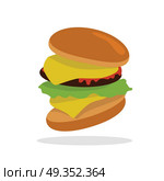 Gamburger Isolated. Hamburger with Meat. Junk Food. Gamburger banner. Hamburger with meat lettuce cheese onion and tomato. Junk food. Consumption of high calories nourishment fast food. Part of series of promotion healthy diet and good fit. Vector. Стоковая иллюстрация, агентство Ingram Publishing / Фотобанк Лори