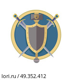 Coat of arms shield with swords vector in flat style design. Cold weapon and armor game models. Illustration for games industry concepts, icons and pictograms. Isolated on white background.. Coat of Arms Shield with Swords Illustration.  . Coat of Arms Shield with Swords Illustration.  . Стоковая иллюстрация, агентство Ingram Publishing / Фотобанк Лори