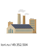 Industry Manufactory Building Isolated on White. Industry manufactory building icon. Factory producing oil and gas, metals and rubber, energy and power. Nuclear manufacturing station making smoke and air pollution. Destroying nature. Vector. Стоковая иллюстрация, агентство Ingram Publishing / Фотобанк Лори