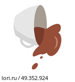 Fallen Coffee Cup with Spilled Coffee. Fallen white coffee cup with spilled coffee in flat. Coffee spill icon. Coffee stain. Isolated object in flat design on white background. Vector illustration. Стоковое фото, агентство Ingram Publishing / Фотобанк Лори