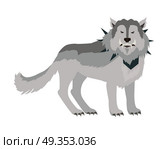 Grey Wolf in the Collar. Grey wolf in the collar with spikes outside. Wolf with showing fangs. Stylized fantasy character. Game object in flat design isolated on white background. Vector illustration. Стоковая иллюстрация, агентство Ingram Publishing / Фотобанк Лори