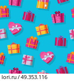 Seamless Pattern Gift Boxes.. Seamless pattern gift boxes. Colorful wrapped gift boxes. Beautiful present box with overwhelming bow. Various gift boxes on blue background. Gift symbol. Christmas gift box. Vector illustration. Стоковая иллюстрация, агентство Ingram Publishing / Фотобанк Лори