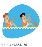 Rowing Sport template. Summer games. Rowing sport template. Summer games banner. Competitions, achievements, best results. Act of propelling a boat using the motion of oars in the water. Cartoon characters. Vector illustration. Стоковая иллюстрация, агентство Ingram Publishing / Фотобанк Лори