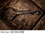 Horseshoes horse tools on a grunge wood. Horseshoes horse tools on a grunge wood table. Стоковое фото, агентство Ingram Publishing / Фотобанк Лори