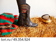 female black boot on stable straw bale. female black boot on stable straw bale with horse brush. Стоковое фото, агентство Ingram Publishing / Фотобанк Лори