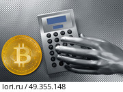 calculator with bitcoin btc coin and futuristic hand. calculator with bitcoin btc coin and futuristic silver hand. Стоковое фото, агентство Ingram Publishing / Фотобанк Лори