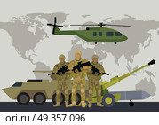 Armed Forces Vector Concept in Flat Design. Different types of armed forces. Soldiers in ammunition with guns, APC, cannon, rocket, helicopter flat vector illustrations world map on background. For warfare concepts, military service contract ad. Armed Forces Vector Concept in Flat Design. Стоковая иллюстрация, агентство Ingram Publishing / Фотобанк Лори