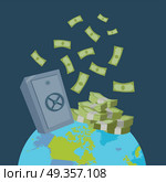Global Wealth Vector Illustration Flat Design.. Worlds largest wealth concept vector. Pile of banknotes and safe on top of the planet in flat style design. Safety international money transfers. Illustration for credit, savings, payment services. Стоковая иллюстрация, агентство Ingram Publishing / Фотобанк Лори