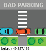 Parked in Inappropriate Way on Pedestrian Crossing. Bad parking. Car parked in inappropriate way on pedestrian crossing. Driver annoying everyone. Parking zone conceptual web banner. Rude disrespectful impolite driver in parking lot or car park. Vector. Стоковая иллюстрация, агентство Ingram Publishing / Фотобанк Лори