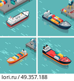 Set of Cargo or Container Ship Unloading Goods. Set of cargo or container ships loading unloading goods in the port. Multi-purpose vessels. Carries equipment, boxes and materials from one port to another. Platform supply feeder vessel. Vector. Стоковая иллюстрация, агентство Ingram Publishing / Фотобанк Лори