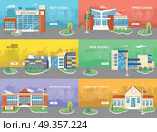 Set of School Buildings. Architectural Variations. Set of school buildings in flat design. Architectural variations. Public educational institution. Various modern projects of educational establishments. School facades and yards. Vector illustration. Стоковая иллюстрация, агентство Ingram Publishing / Фотобанк Лори