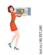 Woman Buys Microwave Oven. Sale on Discount Price. Woman buys microwave oven at sale on discount price. Super sale on kitchen appliances in flat style design illustration. Microwave heats and cooks food by exposing it to microwave radiation. Vector. Стоковая иллюстрация, агентство Ingram Publishing / Фотобанк Лори