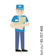 Profession Series with Young Man Sales Assistant. Profession series with young man sales assistant, merchandiser. Seller holds boxes in his hands. Shop assistant isolated on white. Salesman on his working place unpacking items. Vector illustration. Стоковая иллюстрация, агентство Ingram Publishing / Фотобанк Лори