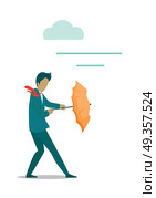 Stormy weather or barriers in business vector. Flat design. Man in business suit with umbrella in hands resisting strong wind. Difficult moving forward. For weather, climate or business concepts. Stormy Weather or Barriers in Business Concept . Stormy Weather or Barriers in Business Concept . Стоковая иллюстрация, агентство Ingram Publishing / Фотобанк Лори