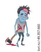 Scary Zombie Man Walking with Ax Flat Vector. Scary zombie walking. Frightening dead man with blue skin, blood stains, dressed in tatter drags bloody ax flat vector illustration isolated on white background. Horror character for Halloween concept. Scary Zombie Man Walking with Ax Flat Vector. Стоковая иллюстрация, агентство Ingram Publishing / Фотобанк Лори