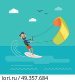 Kitesurfing vector concept. Joyful man holding kite and sliding on sea surface on surf flat vector. Leisure on summer vacation. Resting on tropical seacoast. For kiteboarding club, travel company ad  . Kitesurfing Vector Concept in Flat Design  . Kitesurfing Vector Concept in Flat Design  . Стоковая иллюстрация, агентство Ingram Publishing / Фотобанк Лори