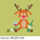Deer with Bottle of Wine Isolated on Green.. Deer with bottle of wine isolated on green. A lot of empty bottles on floor. Drunk with alcohol. Alcohol addicted reindeer with bottles of beer. Alcoholism. Vector illustration in flat style. Стоковая иллюстрация, агентство Ingram Publishing / Фотобанк Лори