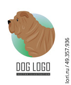 Shar Pei Dog Logo on White Background. Brown shar pei dog, round logo on white background. Dog icon. Vector illustration in flat style. Side view shar pei design. Cartoon dog character, pet animal. Стоковая иллюстрация, агентство Ingram Publishing / Фотобанк Лори