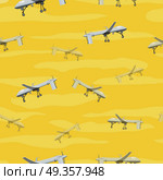 Flying Drones Seamless Pattern Vector Illustration. Flying drones seamless pattern vector. Flat design. Drones with propellers and mounted camera maneuvering in the sky. Modern technology. For wrapping paper, printing on fabric, web pages design. Стоковая иллюстрация, агентство Ingram Publishing / Фотобанк Лори