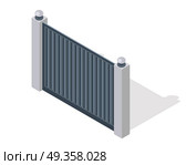Iron Fence with Brick Columns Isolated on White. Iron fence with brick columns isolated on white. Gate with wicket in flat style design. Isometric projection. Metal gates, wrought iron, lattice gates and fences for yard. Vector illustration. Стоковая иллюстрация, агентство Ingram Publishing / Фотобанк Лори