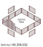 Isometric Fence in Light Colors Isolated on White.. Isometric fence in light colors isolated on white. No solid fence. Iron gate open and close from middle. Fence with columns. Metal, wrought iron, lattice gates and fences for yard. Flat style. Vector. Стоковая иллюстрация, агентство Ingram Publishing / Фотобанк Лори