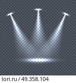 Illumination with Light Effects on Transparency. Illumination with bright light effects on transparent plaid background. Lighting with spotlights. Scene stage disco spotlight lights. Projectors light sources. Glowing glitter. Bright sparkle. Vector. Стоковая иллюстрация, агентство Ingram Publishing / Фотобанк Лори