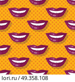 Seamless Pattern Smiling Lips Teeth on Polka Dot. Seamless pattern patch smiling lips with teeth on polka dot background. Parted lips painted with red lipstick and white teeth. Cosmetic wrapping, covers. Fashion patch in cartoon 80s-90s comic style. Стоковая иллюстрация, агентство Ingram Publishing / Фотобанк Лори