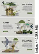 Military Infographic Banner with World Map. Vector. Military infographic banners with world map on background. Military soldier or officer with weapons. Airborne and infantry troops. War and ammunition concept. Men in camouflage combat uniform. Vector. Стоковая иллюстрация, агентство Ingram Publishing / Фотобанк Лори