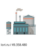 Industry Manufactory Building Isolated on White.. Industry manufactory building icon. Factory producing oil and gas, metals and rubber, energy and power. Nuclear manufacturing station making smoke and air pollution. Destroying nature. Vector. Стоковая иллюстрация, агентство Ingram Publishing / Фотобанк Лори