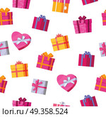 Seamless Pattern Gift Boxes.. Seamless pattern gift boxes. Colorful wrapped gift boxes. Beautiful present box with overwhelming bow. Various gift boxes on white background. Gift symbol. Christmas gift box. Vector illustration. Стоковая иллюстрация, агентство Ingram Publishing / Фотобанк Лори