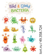 Good Bacteria and Bad Bacteria Cartoon Characters. Good bacteria and bad bacteria cartoon characters isolated on white. Set of funny bacterias germs in flat cartoon style. Good and bad microbes. Enteric bacteria, gut and intestinal flora. Vector. Стоковая иллюстрация, агентство Ingram Publishing / Фотобанк Лори