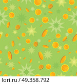 Seamless Pattern with Coins and Star Splashes.. Seamless pattern with golden coins falling down and star splashes. Cartoon style. Golden money. Business success, bank credits, deposit, investment, saving, fortune concept. Modern flat design. Vector. Стоковая иллюстрация, агентство Ingram Publishing / Фотобанк Лори