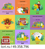 Casino Gambling Website Templates Set. Casino, slot machines, dice, poker and online games banners. European roulette wheel, chips, croupier, craps dice, slot machine and playing cards on color background. Banner for online casino. Стоковая иллюстрация, агентство Ingram Publishing / Фотобанк Лори