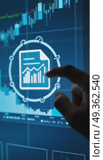 A hand points to a document icon with a graph on a digital screen, blue background with grid pattern, frontal view, soft light, modern futuristic hi-tech business financial interface. Стоковое AI-видео, аниматор Sergey Grishin / Фотобанк Лори