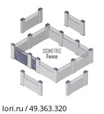 Iron Fence with Brick Columns Isolated on White. Iron fence with brick columns isolated on white. Gate with wicket in flat style design. Isometric projection. Metal gates, wrought iron, lattice gates and fences for yard. Vector illustration. Стоковая иллюстрация, агентство Ingram Publishing / Фотобанк Лори