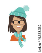 Smiling Girl in a Glasses, Blue Hat and Scarf. Happy smiling girl with short brown hair in square glasses, blue hat with pom-pom and blue striped scarf isolated on white background. Girl avatar cartoon character. Flat style. Vector illustration. Стоковая иллюстрация, агентство Ingram Publishing / Фотобанк Лори